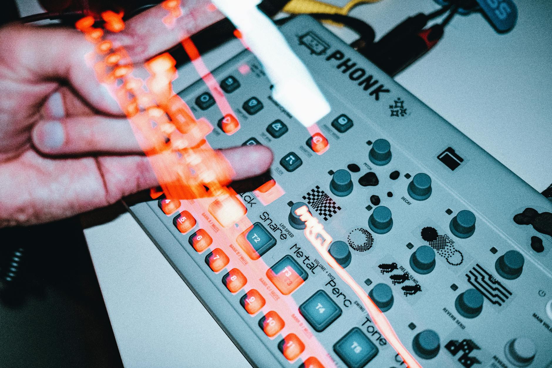 Hands manipulating a retro music device with glowing buttons, highlighting vintage technology.