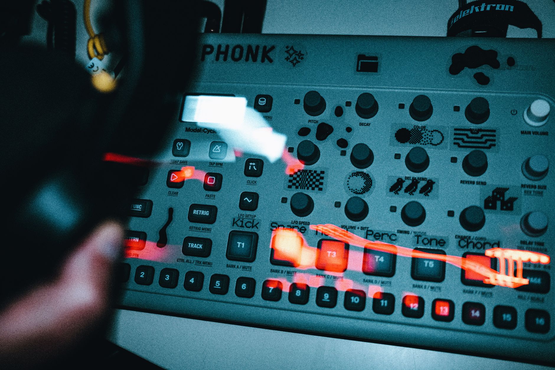 Close-up of a vintage style music console with glowing neon lights, evoking a retro tech vibe.
