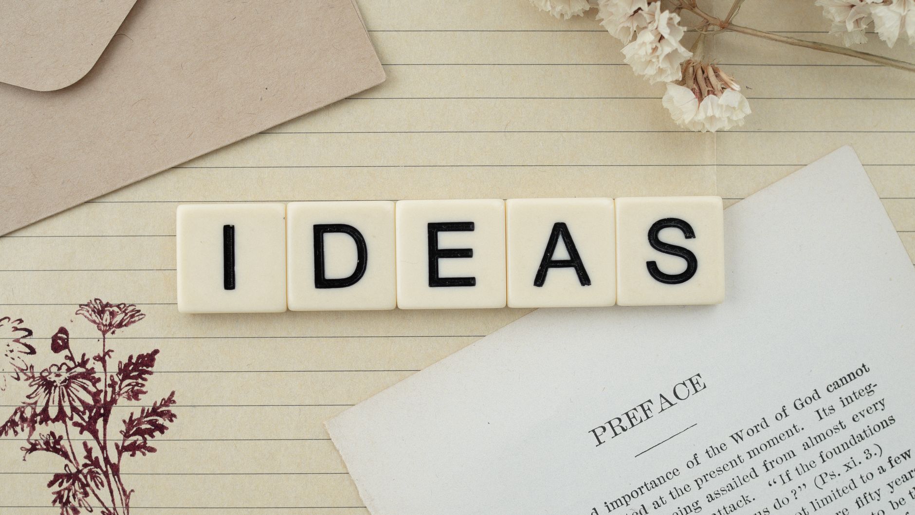 Close-up of word tiles spelling 'IDEAS' on a lined paper background with vintage elements.