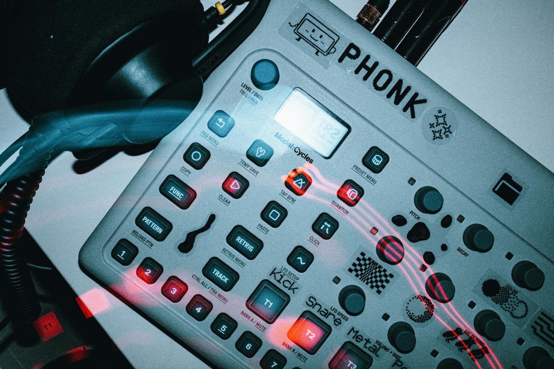 Detailed view of an electronic music synthesizer device labeled 'PHONK'.